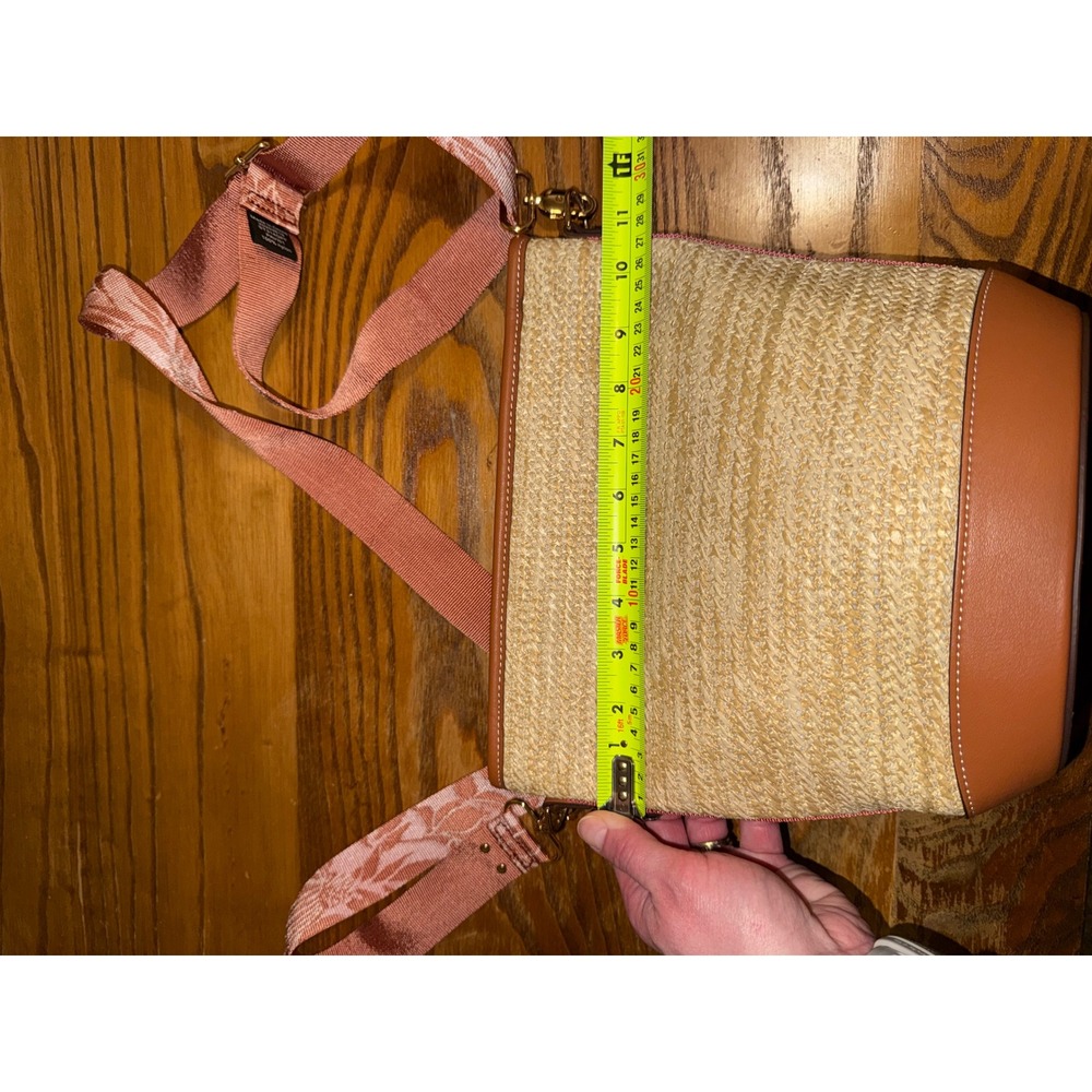 Stella & Dot Woven Straw Bucket Bag Brown Leather Trim Floral Crossbody Strap - Picture 8 of 13